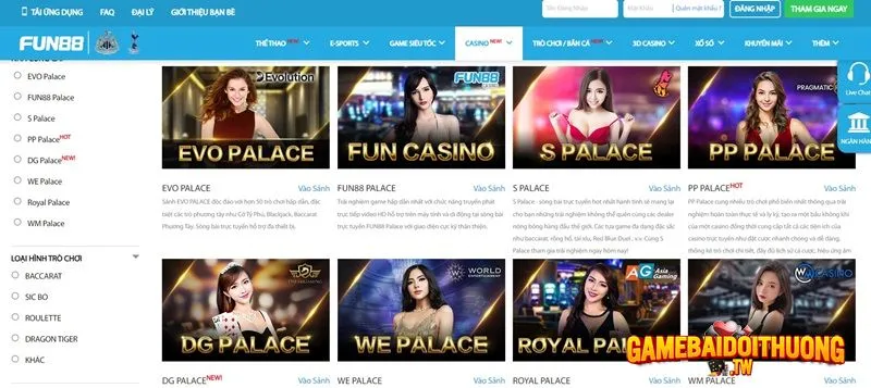 8 sảnh casino trực tuyến hấp dẫn tại Fun88